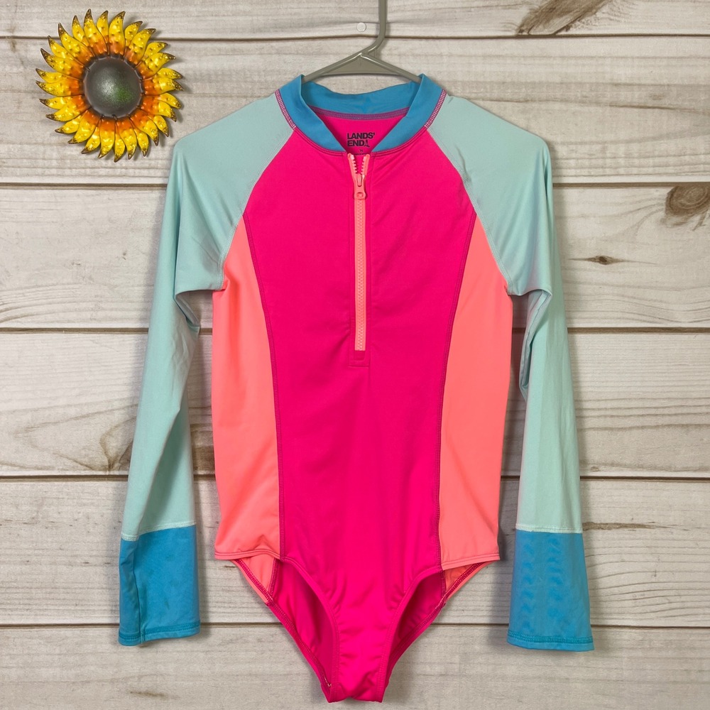 Lands End Girls Long Sleeve Rash Guard Swimsuit One‎ Piece Size 14 Teal Pink Zip
